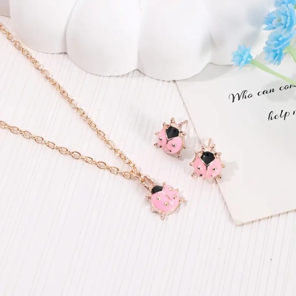 Pink and Black Ladybug Jewelry Set
